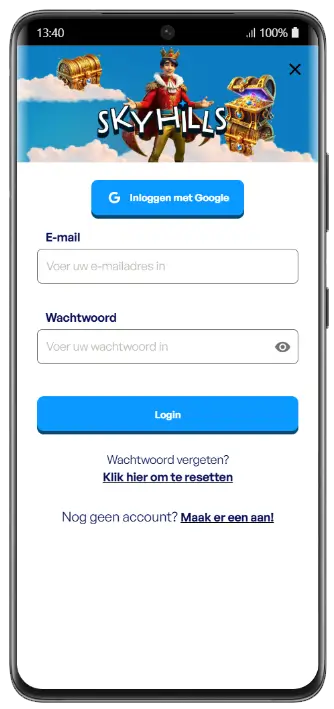 Skyhills Casino inlogscherm mobiel